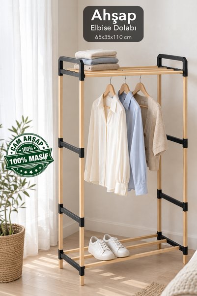 Meleni Home Ahşap Elbise Dolabı - Çok Amaçlı Gardırop Kolay Kurulum Ahşap Elb...