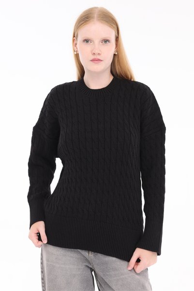 Trist Star Pulover negru pentru femei, 100% bumbac, cu model tricotat, cu gât...