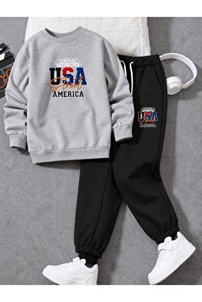 cm buseyiz Busekids Unisex USA Baskılı Sıfır Yaka Eşofman Takımı