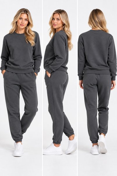 Machi 3-Piece Women's Tracksuit Set Crew Neck Top and Bottom with Soft Fleece Inside Smoked Gray Brown Black Stone