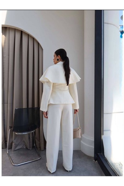 FMN Moda Collared Ruffle Cape Detail Single Button Design Brand Equivalent Premium Series Blazer Jacket Palazzo Pants Three Piece Suit