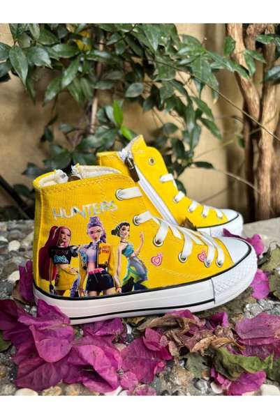 Scarpe Magiche Kız Çocuk Keten Hunters Desenli Yandan Fermuarlı Yüksek Bilekl...