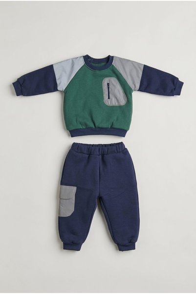 zumino Crew Neck Pocketed Baby Boy Set with Reflective Detail, 2-Piece Set