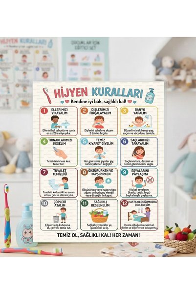 Hsn Hijyen Kuralları Eğitim Posteri A3 PVC Kaplı Çocuklar İçin Temizlik ve Sa...