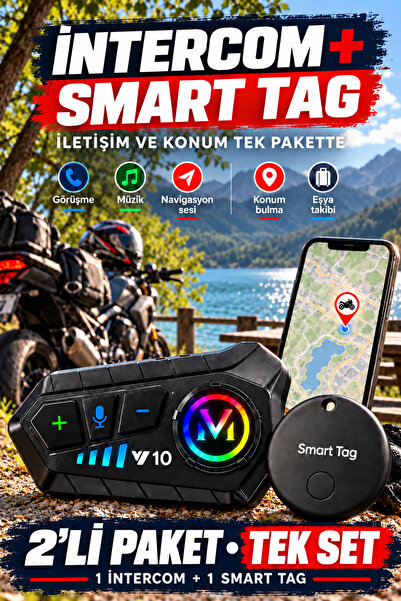 2Lİ SET Motosiklet Kask Kulaklık Intercom V10 MAX Bluetooth Işıklı + Smart Tag Akıllı Takip Cihazı Android iOS Uyumlu