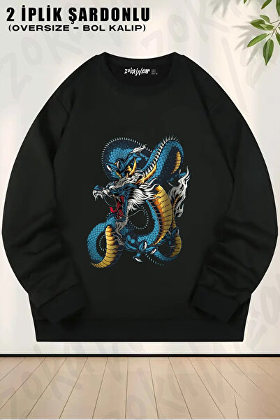 ZOKAWEAR Dragon Printed Oversize Printed Crew Neck Sweatshirt