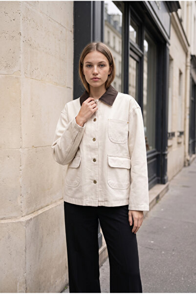 Mixray 2264 Women's Garnished Pocket Buttoned Barn Denim Jacket Stone