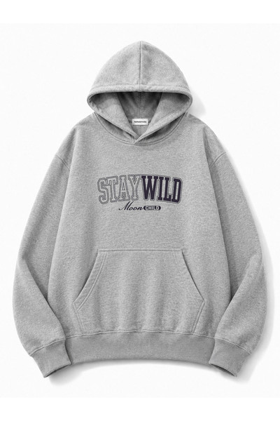 herkesemoda Stay Wild Printed Oversize Sweatshirt with Kangaroo Pocket