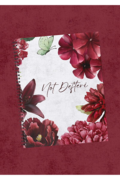Suluboya Çiçek ve Kelebek Desenli, "Not Defteri" Yazılı A5 Spiralli Defter (Çizgili / Kareli / Çizgisiz Seçenekli)