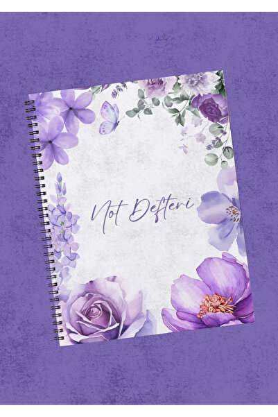 Suluboya Çiçek ve Kelebek Desenli, "Not Defteri" Yazılı A5 Spiralli Defter (Çizgili / Kareli / Çizgisiz Seçenekli)