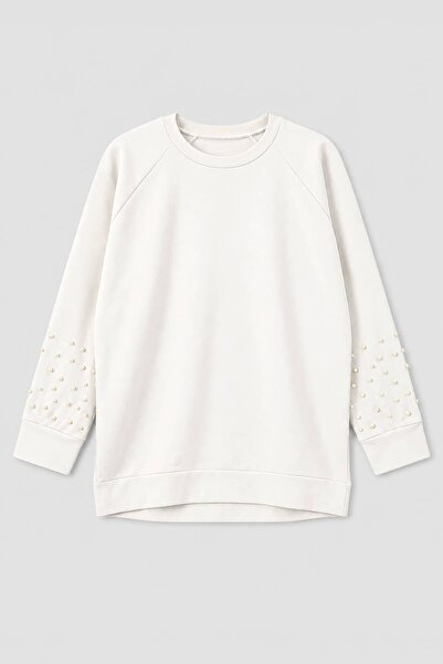 MARKAPIA WOMAN Women's Oversize Stone Detailed Wide Fit White Sweatshirt