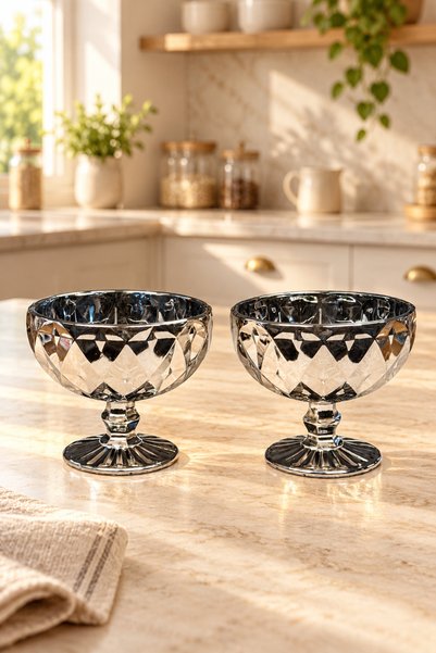 LOVAL Set of 2 Glass Bowls with Footed Base, Silver Titanium Plated, Snack Bowl, Candy Bowl, Presentation Bowl, Turkish Delight Bowl, Luxury Serving Set, Gift Dowry Box