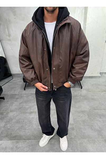 DIFRANSEL JEANS Oversize Brown Faux Leather Bomber Jacket