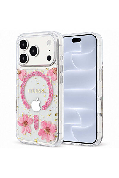 Guess Калъф за iPhone 17 Pro, iPhone 18 Pro, с цветя от смола и брокат, MagSa...