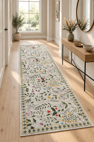 PINKIE HOME Dijital Yıkanabilir Kaymaz Leke Tutmaz Gri Çiçekli Kesme Yolluk M...