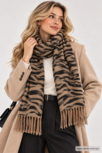 Zebra Kadın Kışlık Kalın Püsküllü Atkı Yumuşak Dokulu Şal Model Oversize Boyun Atkısı