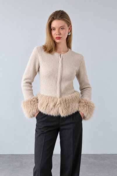Lupies Women's Ecru Buttoned Fur Detailed Knitwear Cardigan