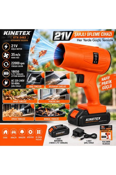 KİNETEX 21V Şarjlı Hava Üfleyici Fan 35 m/s 22000 Devir Blower Araba ,Cam ,Su Lekeleri Kurulama Fanı