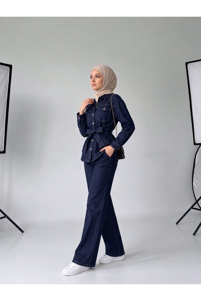 SHEVEGA Women's Belted Denim Jacket and Trousers Two-Piece Set