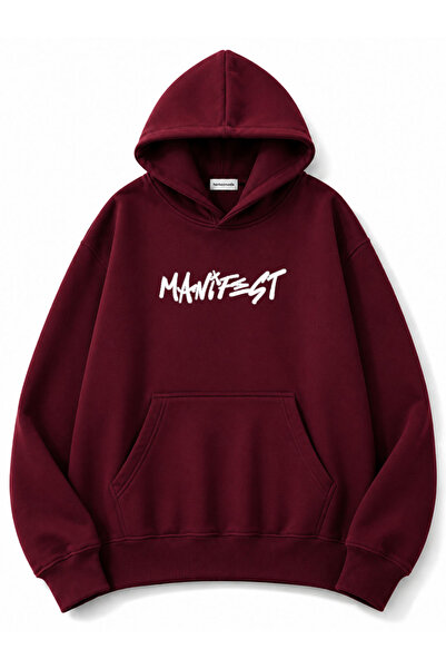 herkesemoda Manifest Text Printed Oversize Sweatshirt with Kangaroo Pocket