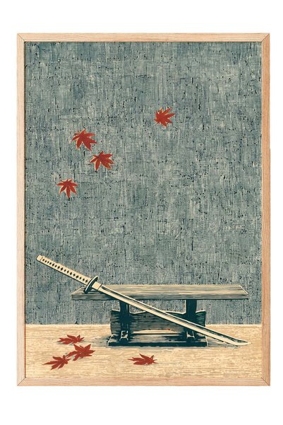 Postifull Natural Themed Katana and Leaves Poster – Wooden Framed Artwork No:...
