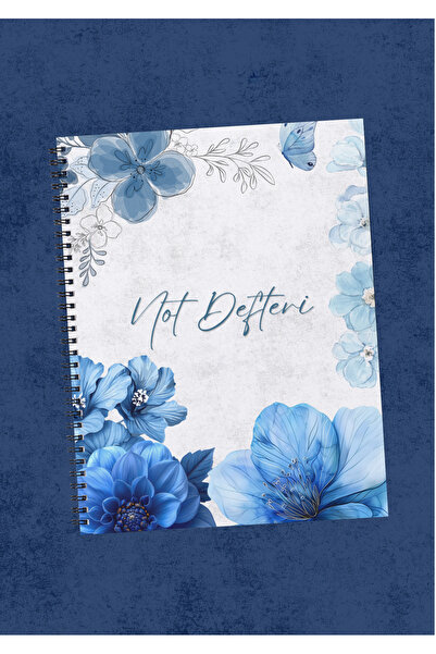 Suluboya Çiçek ve Kelebek Desenli, "Not Defteri" Yazılı A5 Spiralli Defter (Çizgili / Kareli / Çizgisiz Seçenekli)