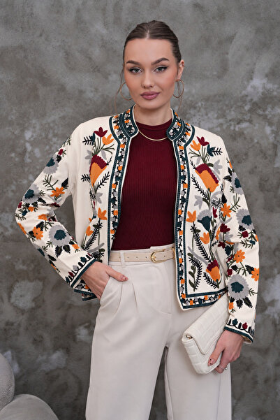 NEW JOURNAL Women's Ecru Bohemian Embroidered Jacket Qs576