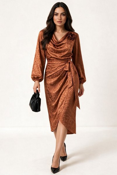 Moda Amore Women's Satin Dress with Tie at Waist and Detachable Rose Detail Midi Dress 2827
