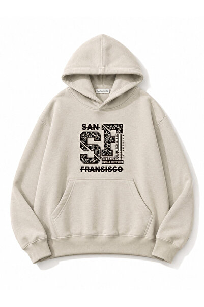 herkesemoda San Francisco Printed Oversize Sweatshirt with Kangaroo Pocket