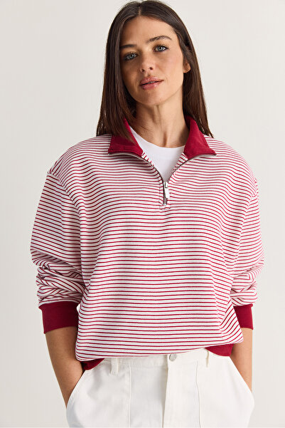 Bianco Lucci Women's Oversize Polo Collar Half Zipper Striped Sweatshirt Ös26...