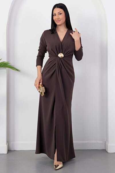PULLIMM فستان بأكمام طويلة وياقة على شكل حرف V مع مشبك K-262739