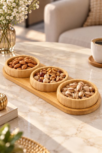 NOKKA 4-Piece Bamboo Serving Set – 3 Bowls and a Serving Plate with Stand – f...