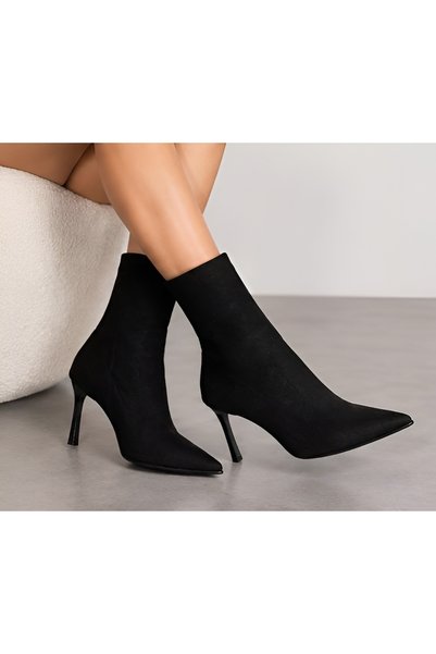Ornaz Shoes Black Suede Pointed Toe Thin Heeled Stretch Boots