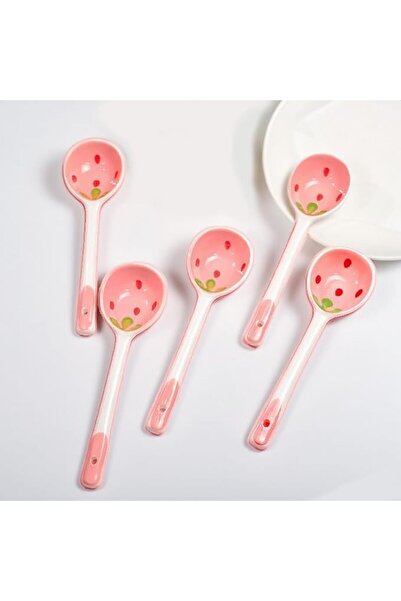 Tazweeq 5 Pcs Ceramic Soup Spoons, Cute Strawberry Pattern Long Handle Porcel...