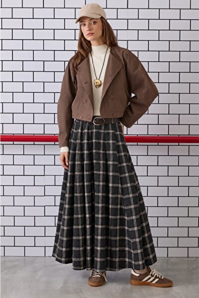 Madmext Black Plaid Patterned Belted Pleated Women's Skirt Mg2925
