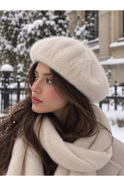 awix Kadın Parisienne Model Yumuşak dokulu Peluş Fransız RESSAM Bere /Şapka Ekru