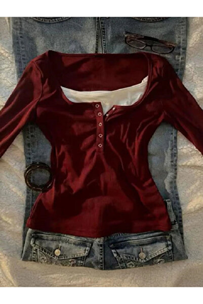 claine Henley Yaka Ekli Grunge Y2K Uzun Kollu Crop