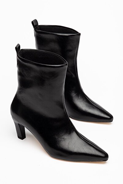 Dilimler Ayakkabı Women's Thin Heeled Boots Black with Stitched Front and Hor...