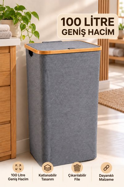 NOKKA 100 L Katlanabilir Bambu Çerçeveli Çamaşır Sepeti – Kapaklı, Çıkarılabi...