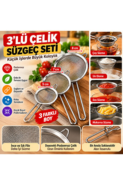 DİĞER1111 3'lü Paslanmaz Çelik Süzgeç Seti 5 cm 7 cm 8 cm Mini Mutfak Süzgeci...
