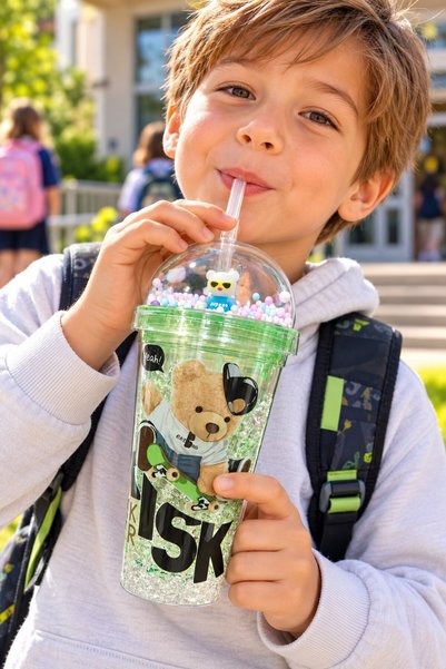 BiTon Toptan Children's Water Bottle with Straw 22 cm Cute Teddy Bear Patterned Colorful Beaded Fun Water Cup Green