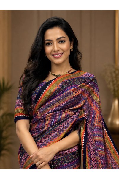 ViViRaSmi Pure Chinon Silk Designer Patchwork Printed Saree with Handwork Mir...