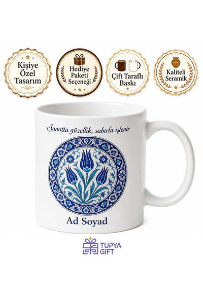 Tupya Gift Çini Sanatı İznik Mavi Lale Motif Sır Altı Fırın Çini Tabağı Kupa Bardak Hediye
