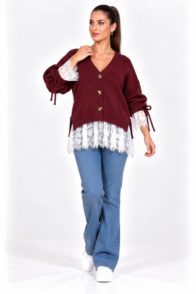 bezeXL Plus Size Tulle Detailed Knitwear Cardigan Burgundy
