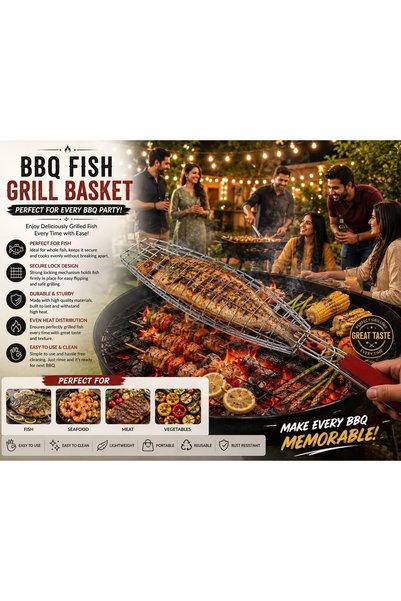Generic Fish Grill Basket | Reusable BBQ Fish Grilling Cage with Wooden Handle | Rust Resistant & Food Safe Grill Basket | Perfect for BBQ, Camping, Outdoor Cooking & Parties | Easy to Use & Clean