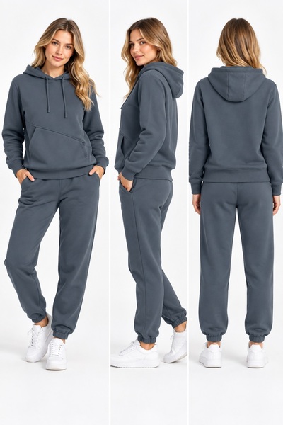 Machi 3-Piece Women's Tracksuit Set with Side Pockets, Soft Fleece Inside, Smoked Gray Brown Black Stone