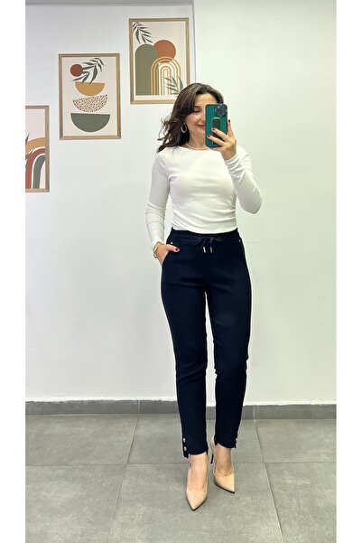 bydenizcollection Pantaloni din Lycra cu buzunare, cu detaliu nasturi aurii l...