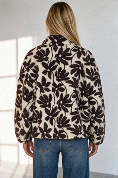 Sue Store Brown Ecru Daisy Patterned Zippered Oversize Plush Sweatshirt