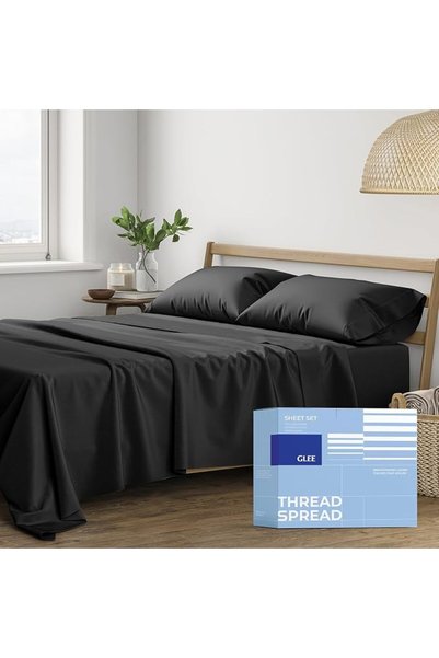 THREAD SPREAD ملاءات سرير من القطن 100% لسرير كوين - طقم ملاءات قطنية من 4 قط...