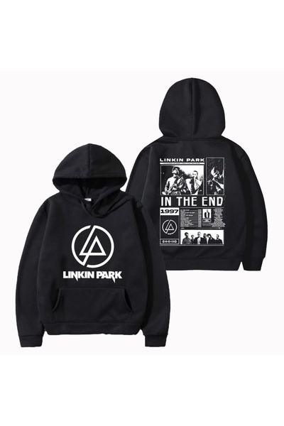 Vordevia Hanorac oversize din bumbac imprimat Linkin Park, cu 3 fire, cu deta...